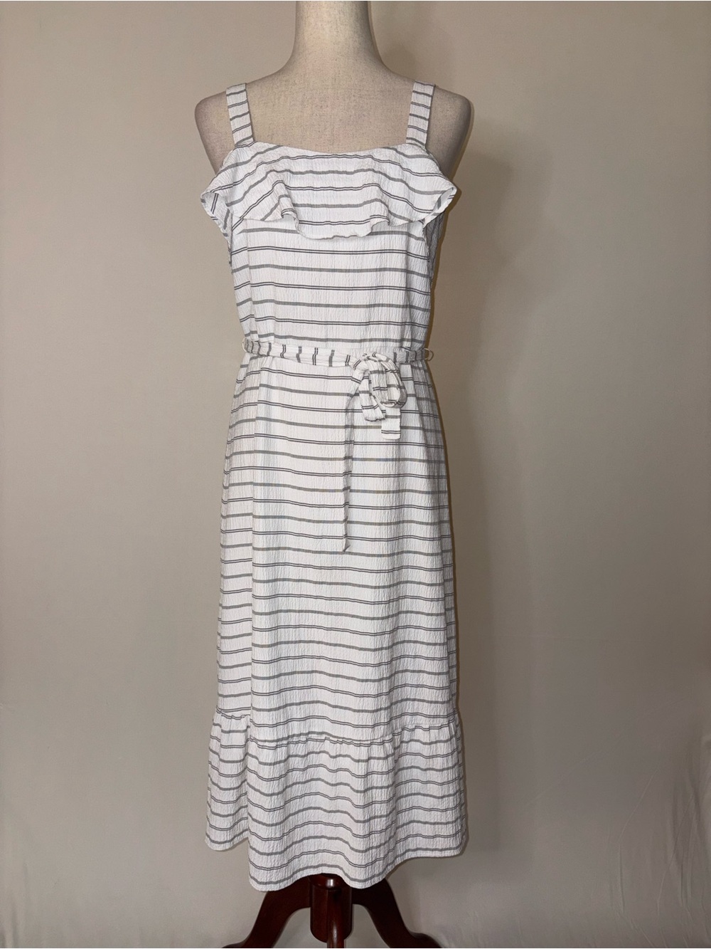 Banana Republic Striped Ruffle Midi Sun Dress with Belted Tie Waist Size 4